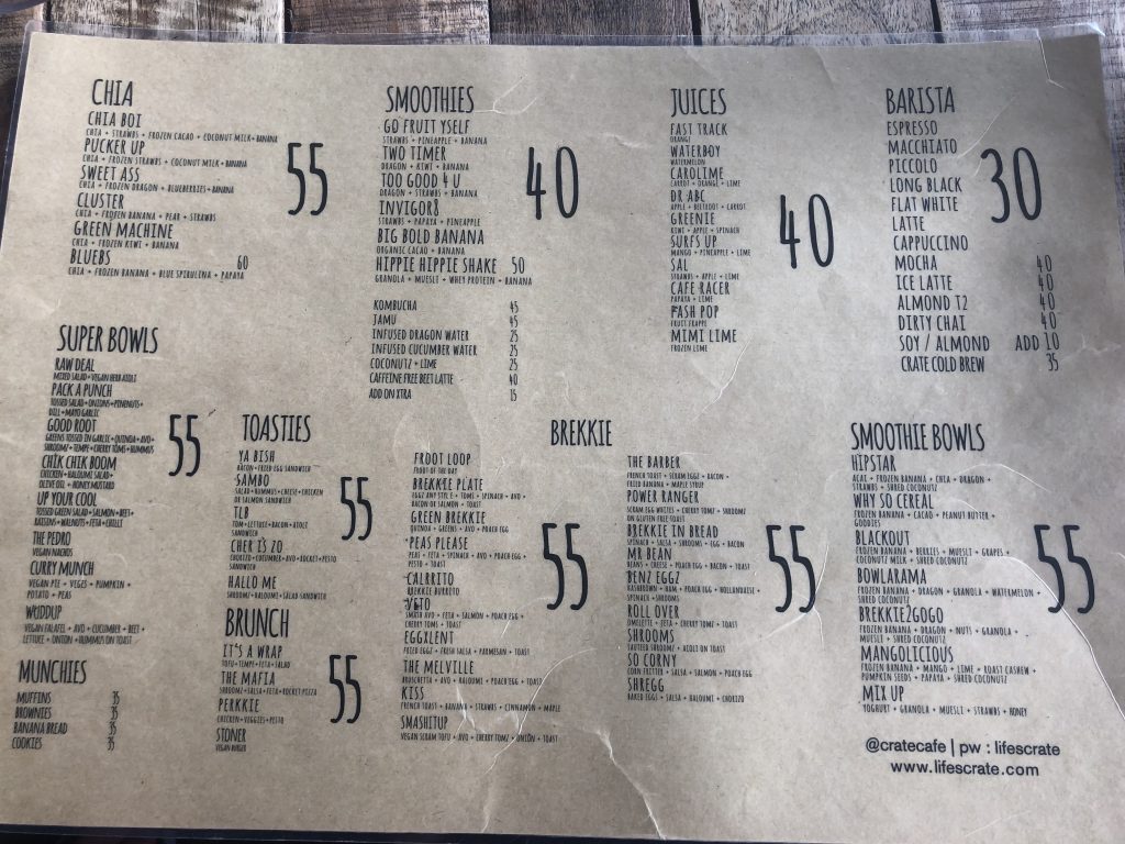 Menu v Crate cafe