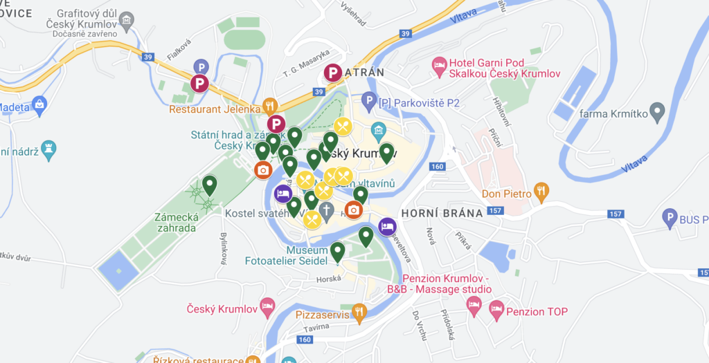 Mapa s místy, co navštívit v Českém Krumlově