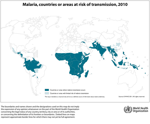 Světová mapa zemí s rizikem malarie